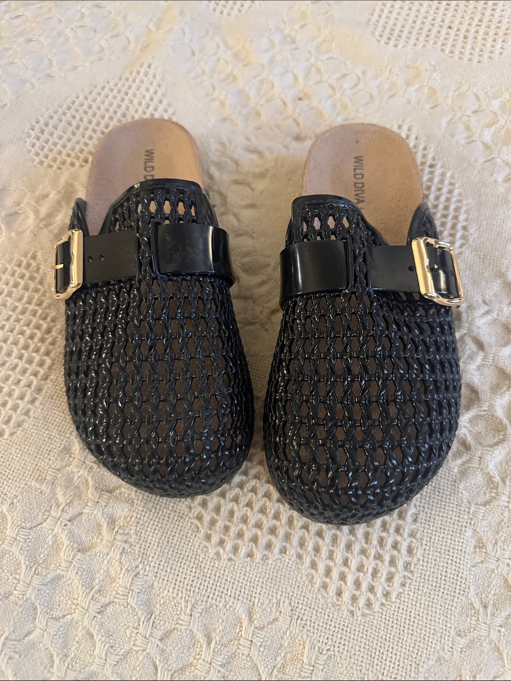 Wild Diva Black Woven Slip-On Sandals with Gold Buckles